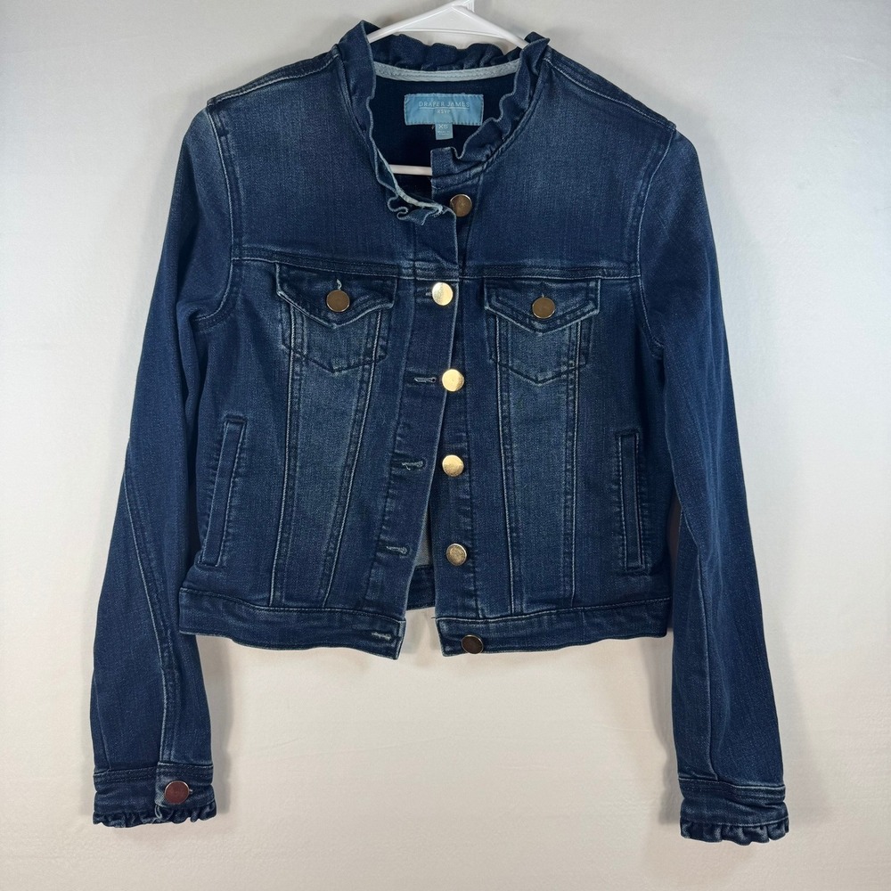 Draper James RSVP Womens XS Denim Jacket Indigo Blue Ruffle Collar Gold Buttons